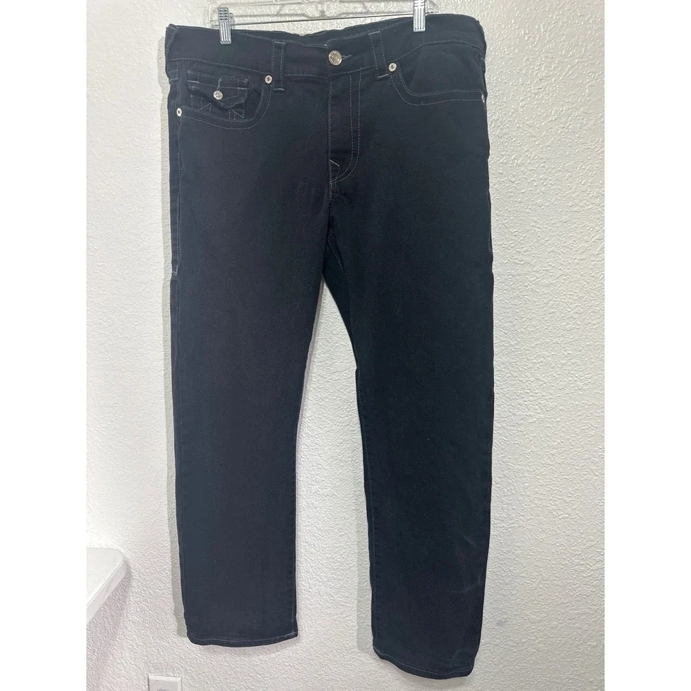 True Religion Ricky Relaxed Straight Black Contrast Stitch Jeans Mens 36